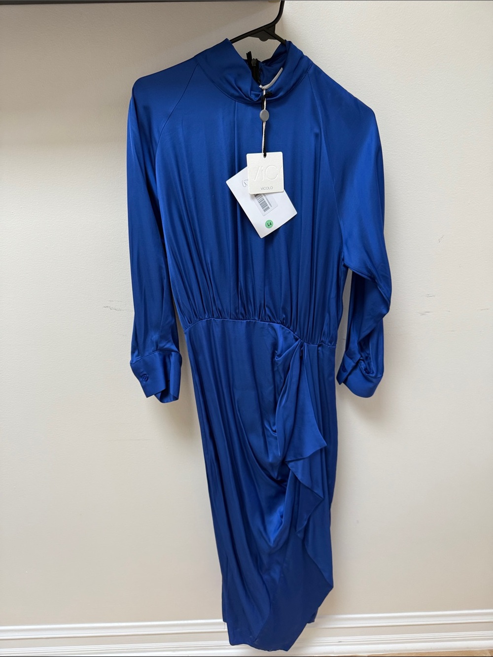 Long Sleeve Satin Midi Dress in Cobalt Blue